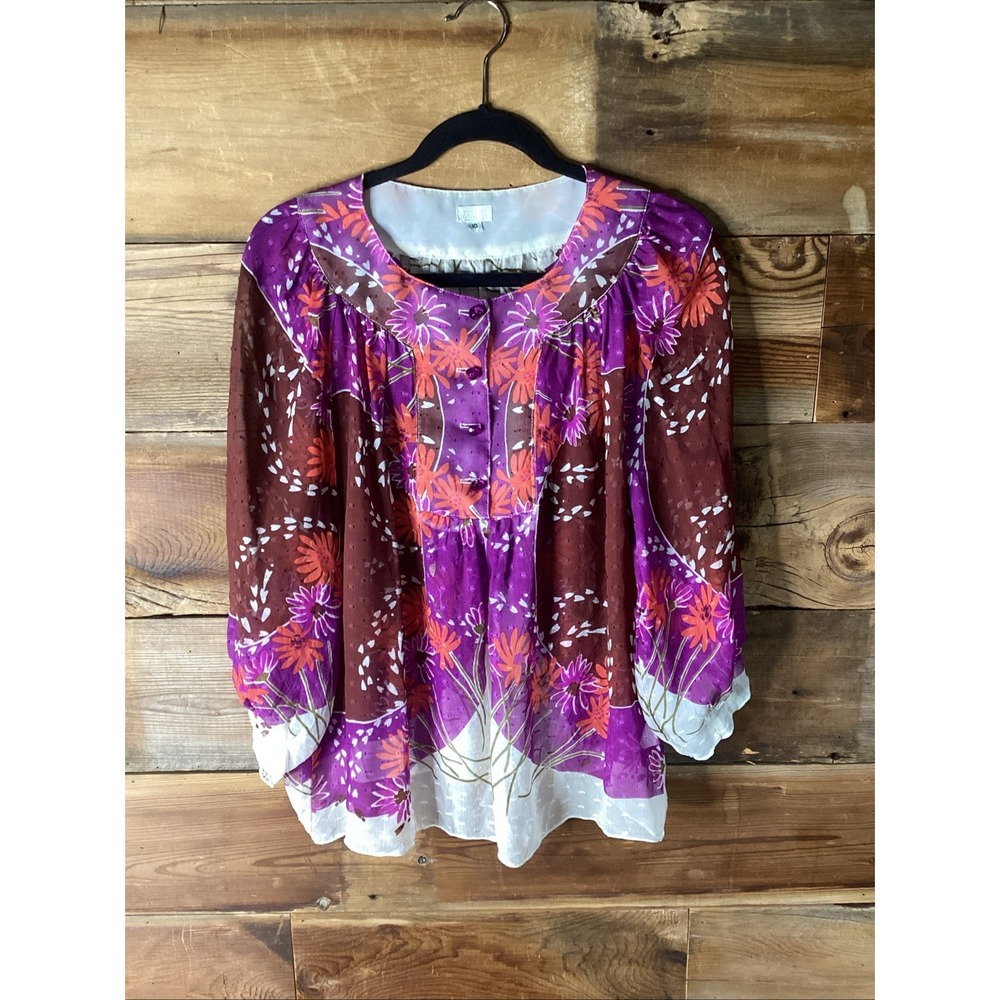 Anna Sui Purple Silk Floral Top Sheer Boho Puff 3/4 Sleeve Size 10